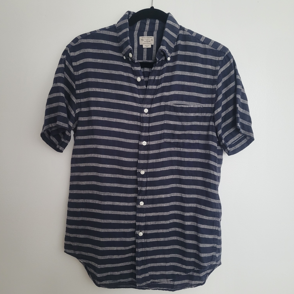 J. Crew Mens Navy Striped 100% Linen Shirt Button Down Short Sleeve Size S